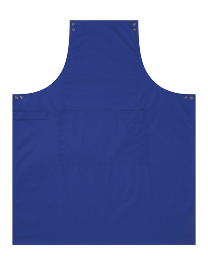 A blue custom apron features a front pocket and metal snaps, showcasing a solid design with no text or branding visible.