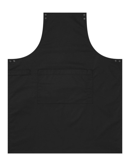 A black custom apron featuring a spacious pocket and adjustable straps. The apron has a logo on it.