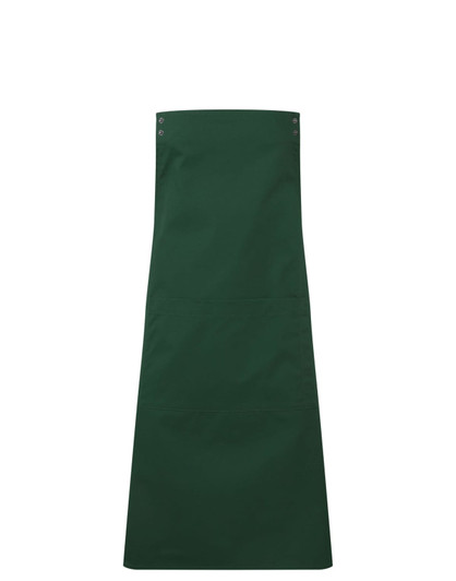 A dark green apron featuring button details and a spacious central pocket. The design includes branding.