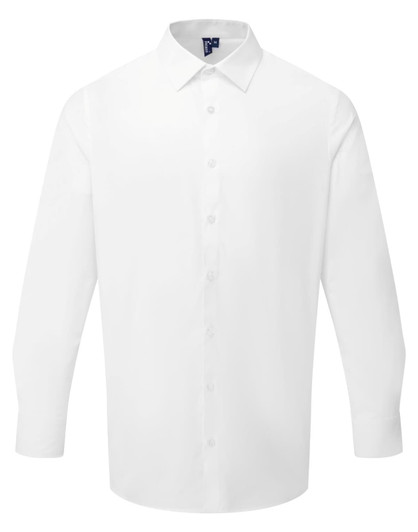 A white long-sleeve shirt with a button-up front and collar; features a logo on the label.