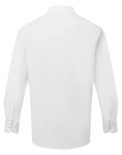A white long-sleeve poplin shirt with a collar and button cuffs, featuring a branding logo on the label.