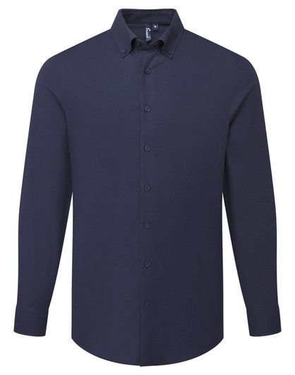 A navy blue Oxford men's long-sleeve shirt with a collar and button-up front. It features long sleeves and a neat design.