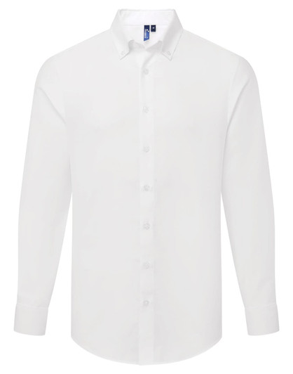 A white long-sleeve men's shirt with a button-down collar and a logo on the upper side.