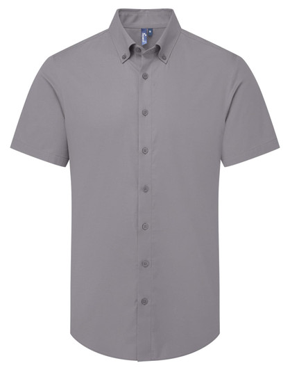 A short-sleeved grey men's shirt with a button-down collar and a logo on the chest.