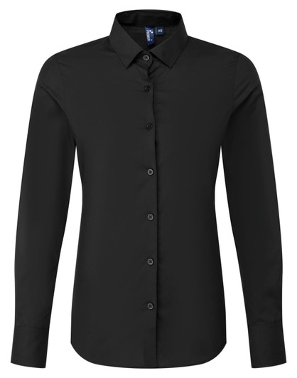 A black long-sleeve poplin shirt featuring a button-up front and a collar, with a logo on the label.
