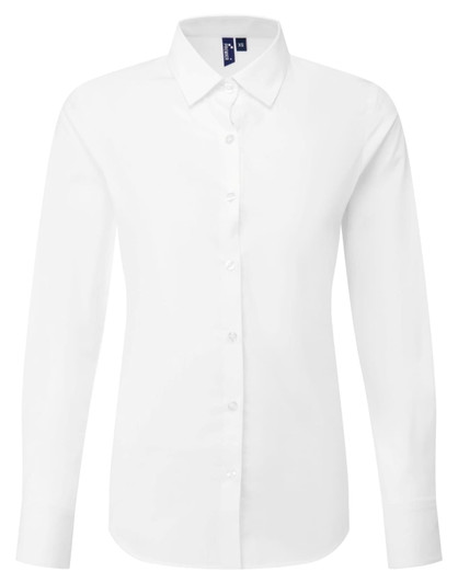 A white long-sleeve shirt with a collar and button-up front, featuring a logo on the label.