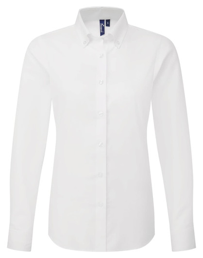A white long-sleeve women's shirt featuring a button-up design and a collar, with a logo on the label.