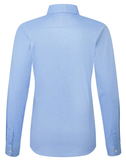 A light blue women's long-sleeve Oxford shirt with a collared neckline and buttoned cuffs. It features a logo.