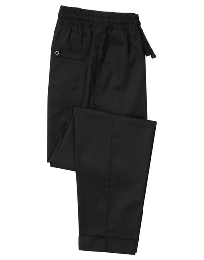 A pair of black cargo trousers with an elastic waistband and pockets, featuring a logo.