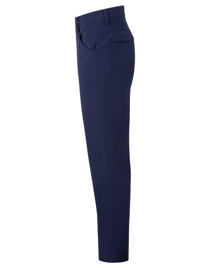 A pair of navy blue trousers with a sleek design and a back pocket, featuring a branding logo.