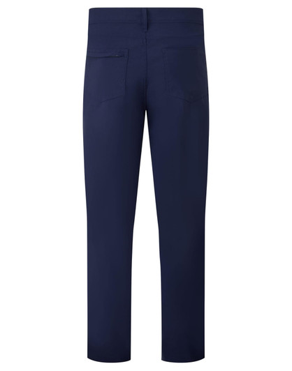 A pair of navy blue trousers with a straight cut and rear pockets. The design features a logo.
