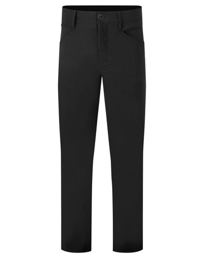 Black work trousers featuring a classic design and a logo. Suitable for various work environments.