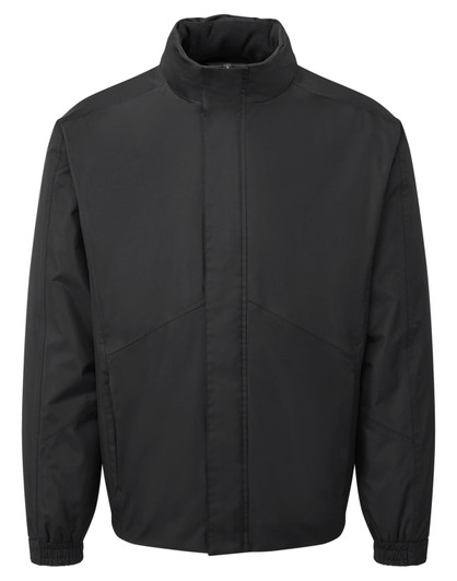 A black jacket with a high collar and zip front, featuring a simple design and no visible logos.