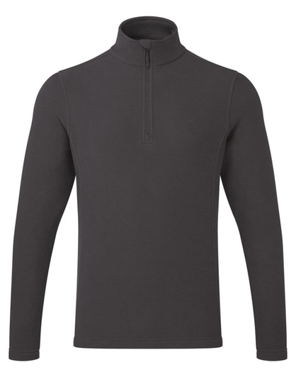 A dark grey microfleece 1/4 zip pullover with long sleeves, featuring a collar and a logo.