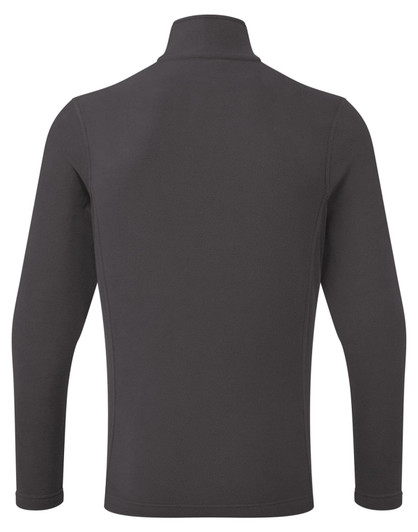 A dark grey 1/4 zip microfleece sweatshirt featuring a high collar and long sleeves, with a logo on the back.