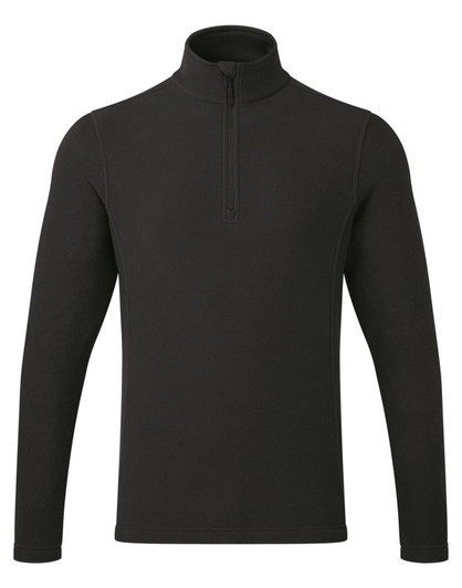 A black microfleece top featuring a 1/4 zip, long sleeves, and a minimalistic design with a logo.