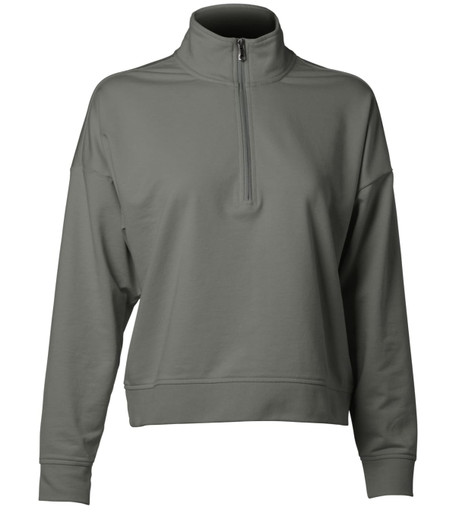 A women's quarter zip pullover in a muted grey colour with a high collar and long sleeves. Features a logo on the design.