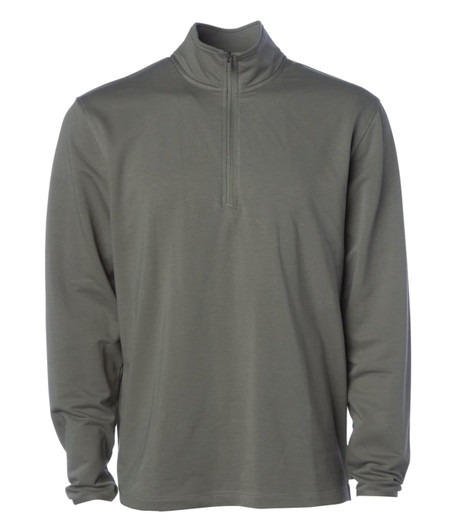 A lightweight quarter-zip long sleeve shirt in olive green, featuring a collar and a logo on the chest.
