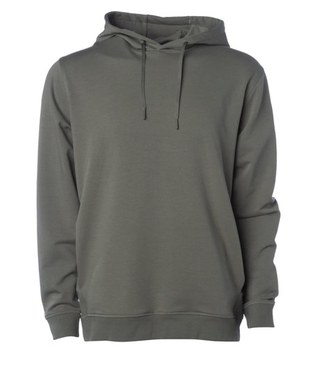 A green pullover hood with a drawstring hood and long sleeves, featuring a logo.