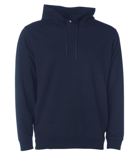 A navy pullover hooded sweatshirt with a drawstring and a logo on the front.