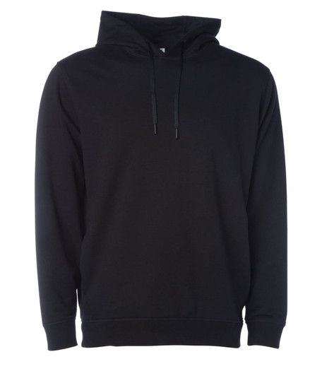 A black pullover hood with a front pocket and drawstring hood. It has a logo on the chest.