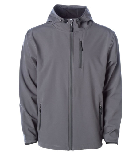 A grey men's soft shell poly zip jacket featuring a hood and zippered pockets. It has a logo on the front.