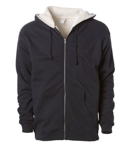 A navy men's hoodie with a sherpa lining, featuring a zip front and two front pockets. It has a logo on the label.