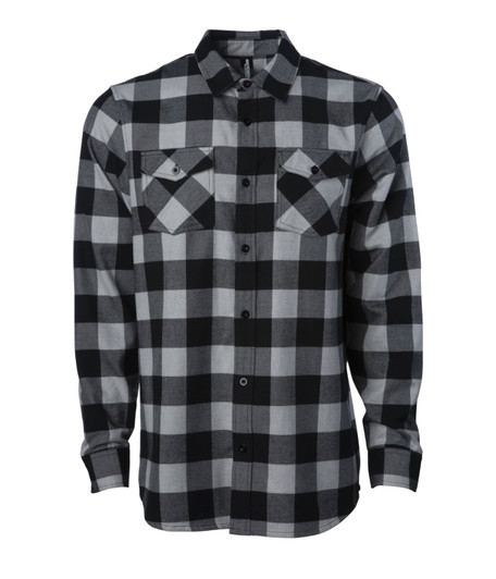 A black and grey checked flannel shirt featuring two chest pockets and a button-up front. It has a logo on the label.