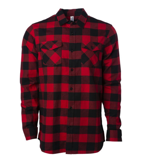 A red and black checkered flannel shirt featuring two chest pockets and a button-up front. It has a logo on the label.