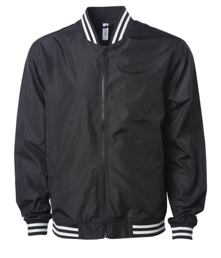 A black lightweight bomber jacket featuring a zip front and striped cuffs and collar. It has a logo on the front.