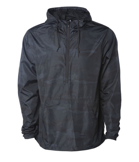 A men's lightweight anorak windbreaker in a dark camo pattern with a hood and adjustable drawstrings.