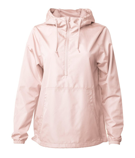 A lightweight, pink men's anorak windbreaker with a hood and a front pocket. Features a logo on the front.