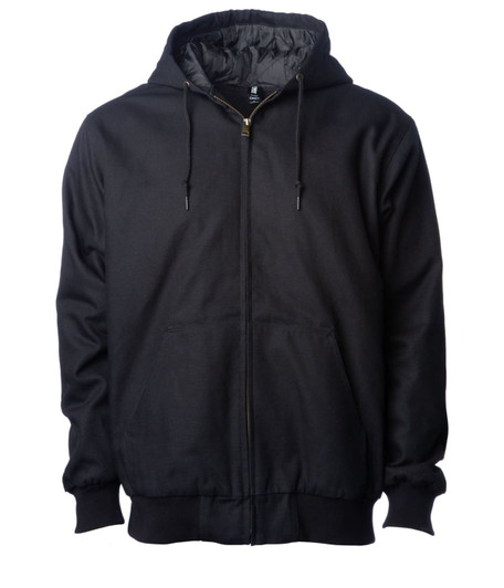 A black work jacket with a hood and front pockets, featuring a zip closure and drawstrings.