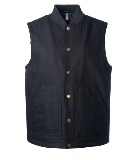 A black Kodiak duck canvas work vest featuring a collared neckline and front pockets, with a logo present.