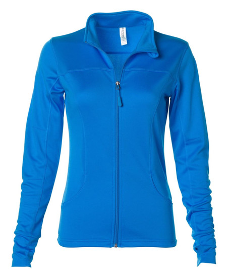 A women's zip-up jacket in bright blue polyester, featuring long sleeves and a collar, with a logo on the front.