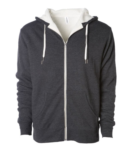 A unisex zip hoodie in dark grey with a white Sherpa lining and drawstring hood. It features front pockets and a logo.