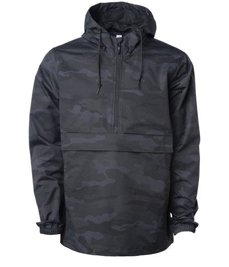 A men's nylon anorak windbreaker jacket in black camouflage pattern, featuring a hood and a front pocket.