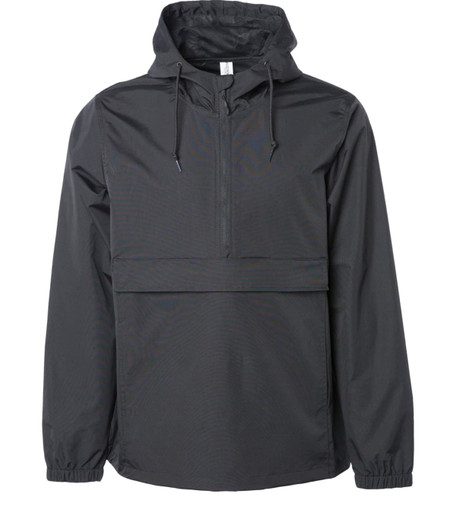 A men's nylon anorak windbreaker jacket in dark grey with a hood and half-zip front. Features a logo on the chest.