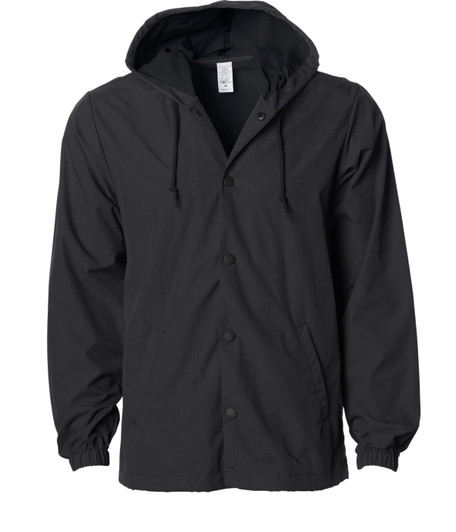 A men's nylon hooded windbreaker in black with a button-up front and drawstring hood. It features a logo.