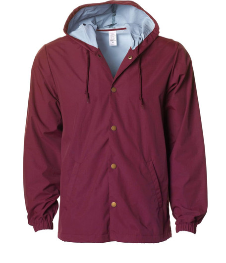 A maroon hooded windbreaker with a light blue lining and a button-up front. It features a logo on the chest.