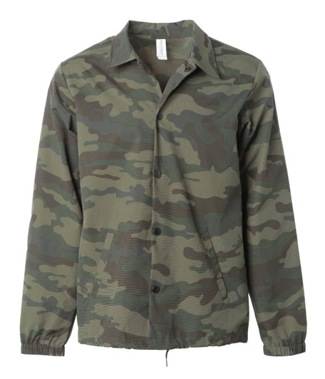 A men's nylon coaches jacket in a camouflage pattern featuring greens and browns, with a logo on the chest.