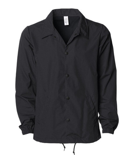 A black nylon coach's jacket with a button-up front and elastic cuffs. It features a drawstring at the hem and a logo.
