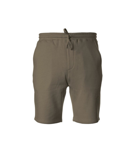 Men's midweight sweatshorts in a muted olive green colour, featuring an elastic waistband and side pockets.