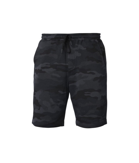 A pair of men's midweight sweatshorts in a black camouflage pattern, featuring an elastic waistband with a drawstring.