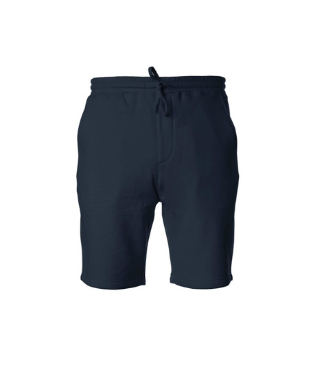 A pair of navy midweight sweatshorts with an elastic waistband and drawstring. Features a logo on the waistband.