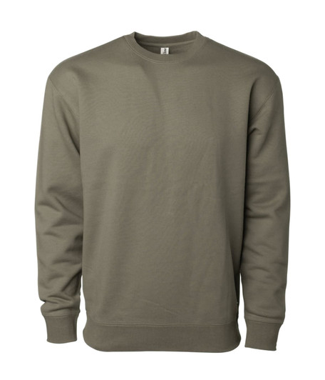 A heavyweight crew sweatshirt in olive green, featuring a classic design and long sleeves. It has a logo on the label.