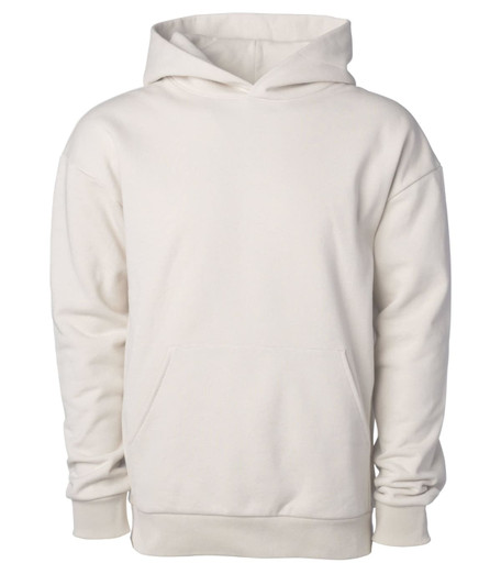 A pullover hood in a light cream colour featuring a front pocket and an attached hood. It has a logo.
