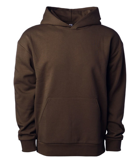 A brown pullover hooded sweatshirt with a front pocket and a drawstring hood. It features a logo on the label.