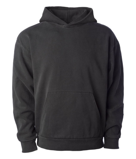 A black pullover hooded sweatshirt featuring a front pocket and long sleeves. It has a simple design and logo.