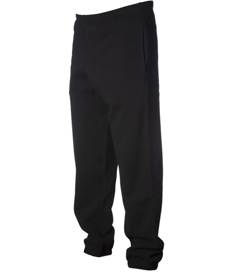 A pair of heavyweight black pants with a relaxed fit and elastic waistband.